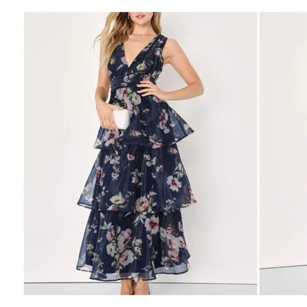NWT Lulus Molinetto Navy Blue Floral Ruffled Tiered Sleeveless Maxi Dress S